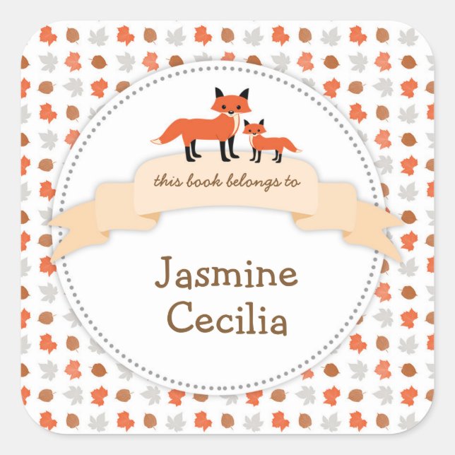 Woodland animal bookplate with mother baby fox square sticker (Front)
