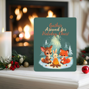 Woodland Animal Campfire Christmas Scene Holiday Card