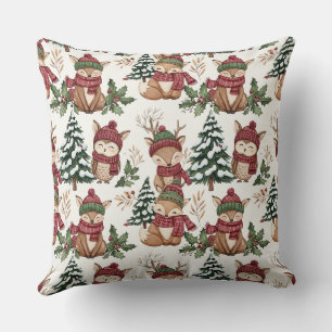 Woodland Animal Christmas Pattern with Fox & Owl Cushion