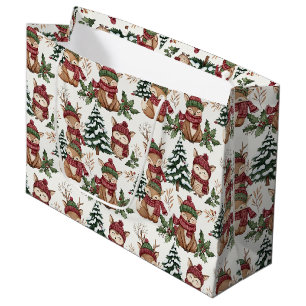 Woodland Animal Christmas Pattern with Fox & Owl Large Gift Bag