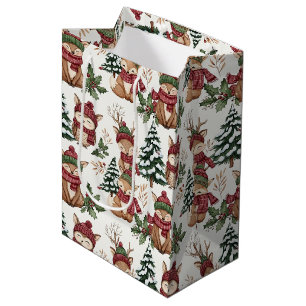 Woodland Animal Christmas Pattern with Fox & Owl Medium Gift Bag