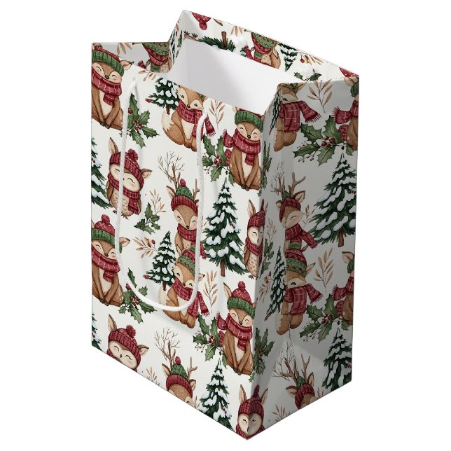 Woodland Animal Christmas Pattern with Fox & Owl Medium Gift Bag (Front Angled)