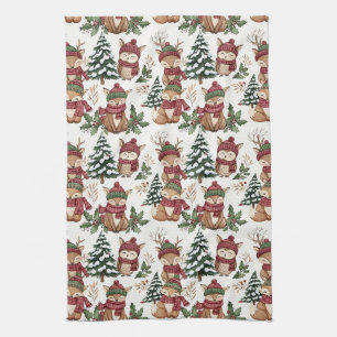 Woodland Animal Christmas Pattern with Fox & Owl Tea Towel