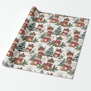 Woodland Animal Christmas Pattern with Fox & Owl Wrapping Paper