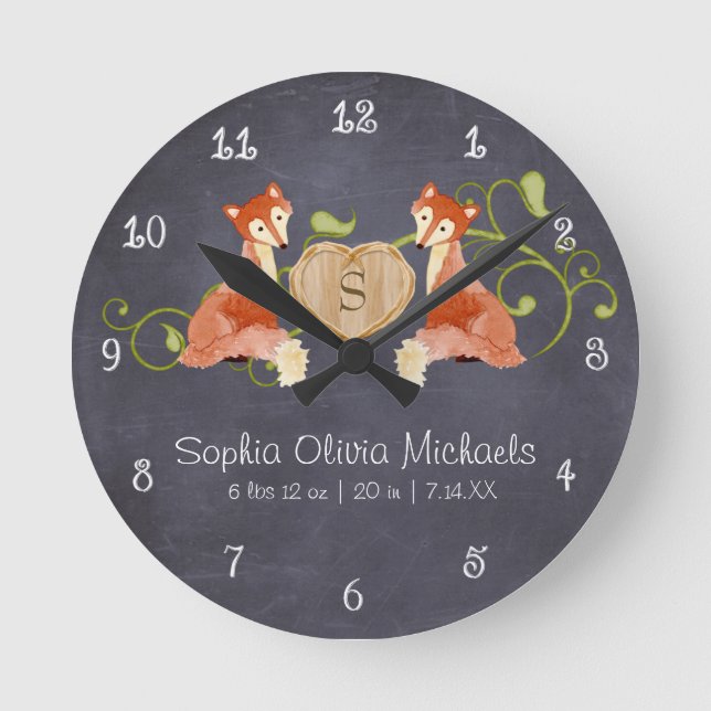 Woodland Animal Creatures, Fox n Vines Newborn Round Clock (Front)