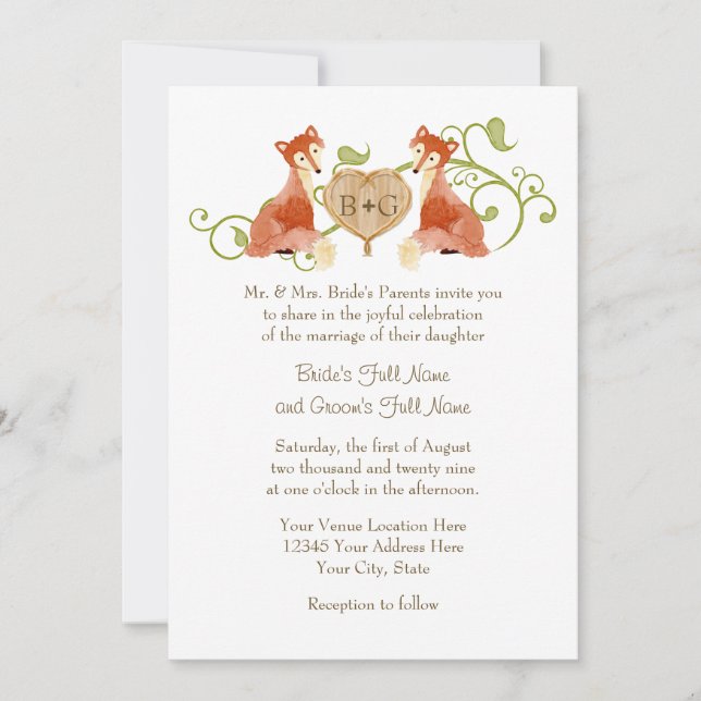 Woodland Animal Creatures, Fox n Vines Weddings Invitation (Front)