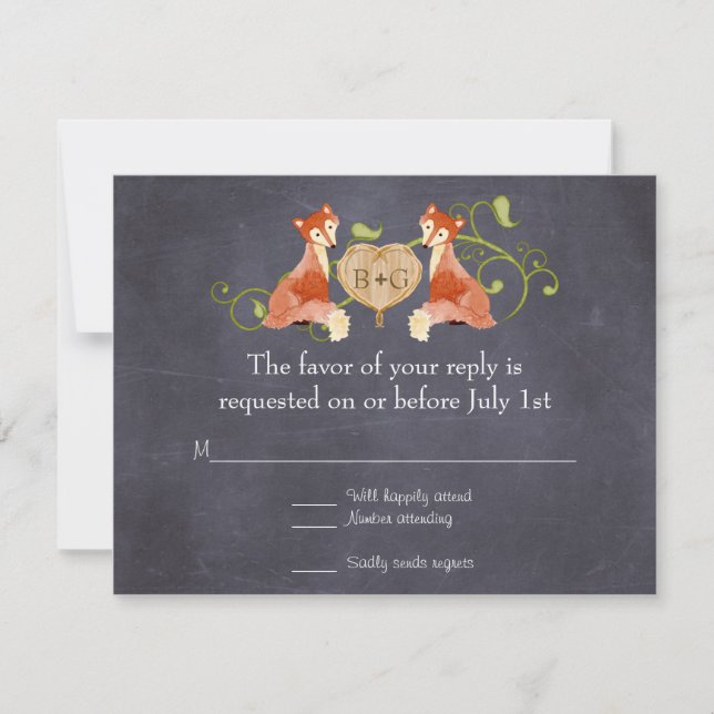 Woodland Animal Creatures, Fox n Vines Weddings RSVP Card (Front)