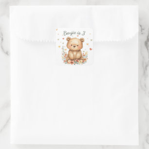 Woodland Animal Cute Bear Pastel Hearts Floral Square Sticker