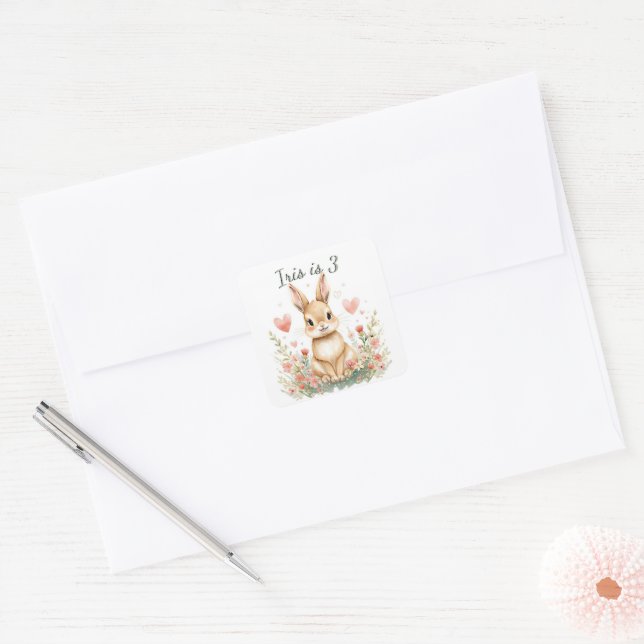Woodland Animal Cute Bunny Pastel Pink Hearts Square Sticker (Envelope)