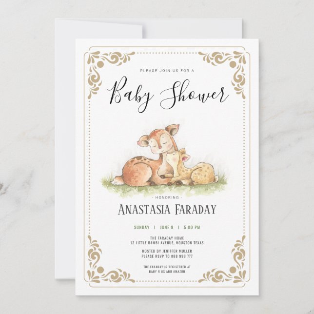 Woodland animal deer baby shower invitation (Front)