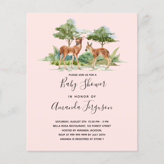 Woodland animal deer budget baby shower invitation (Front)