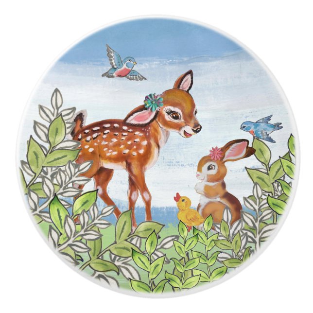 Woodland Animal Deer Bunny Duck Cute Baby Nursery  Ceramic Knob (Front)
