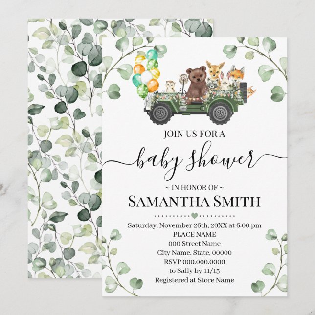 Woodland Animal Drive Through Baby Shower Invitation (Front/Back)