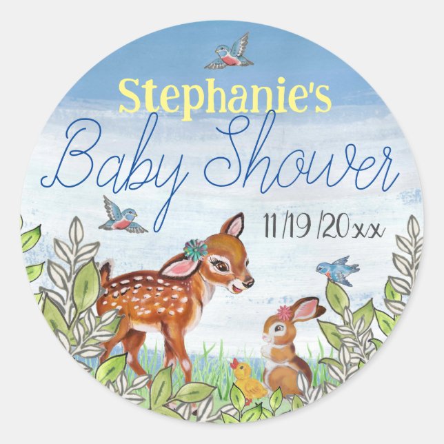 Woodland Animal Fawn Bunny Duck Cute Baby Shower Classic Round Sticker (Front)