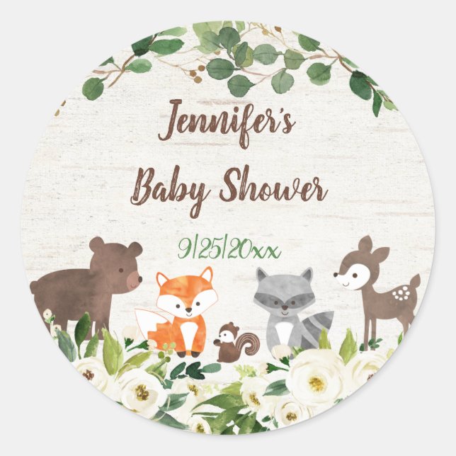 Woodland Animal Floral Baby Shower Classic Round Sticker (Front)