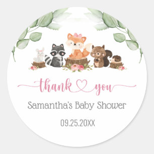 Woodland Animal Floral Girl Baby Shower Favour Classic Round Sticker