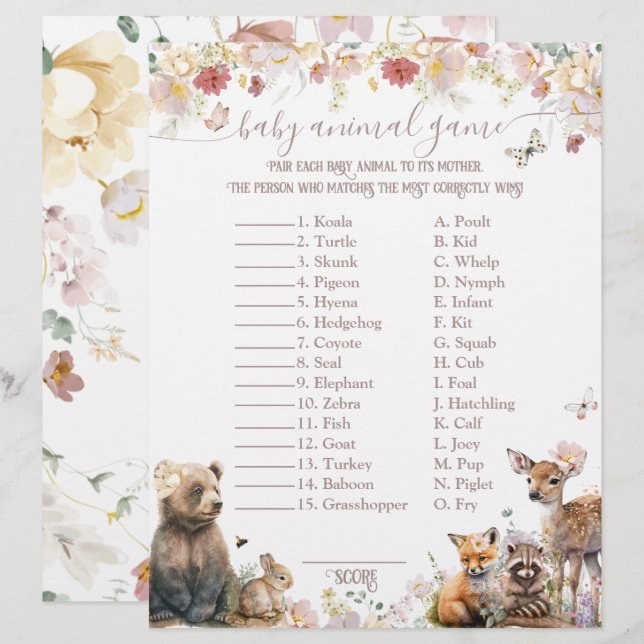 Woodland animal floral girl Baby Shower Game (Front/Back)