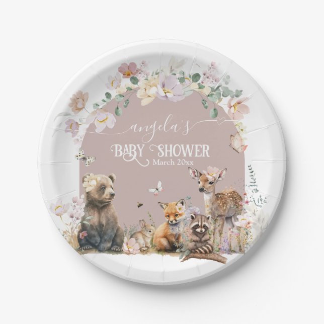 Woodland animal floral girl Baby Shower Paper Plate (Front)