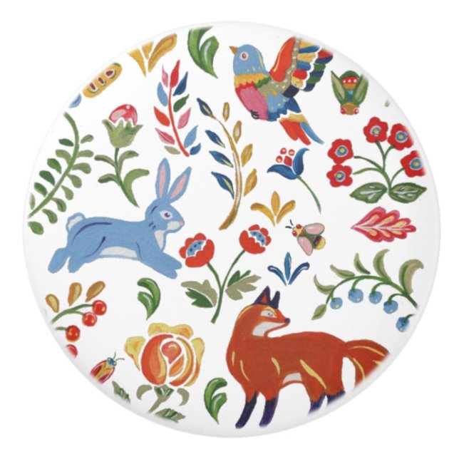 Woodland Animal Flower Rustic Folk Art Colourful Ceramic Knob (Front)