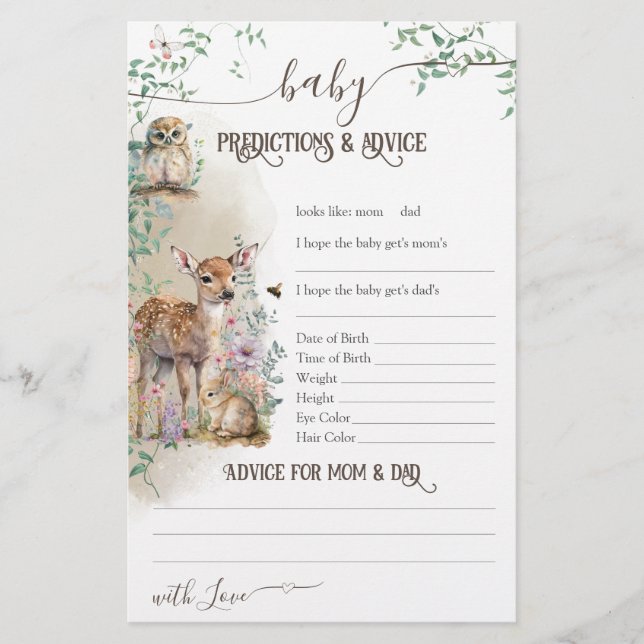 Woodland animal forest greenery Baby Shower game  (Front)