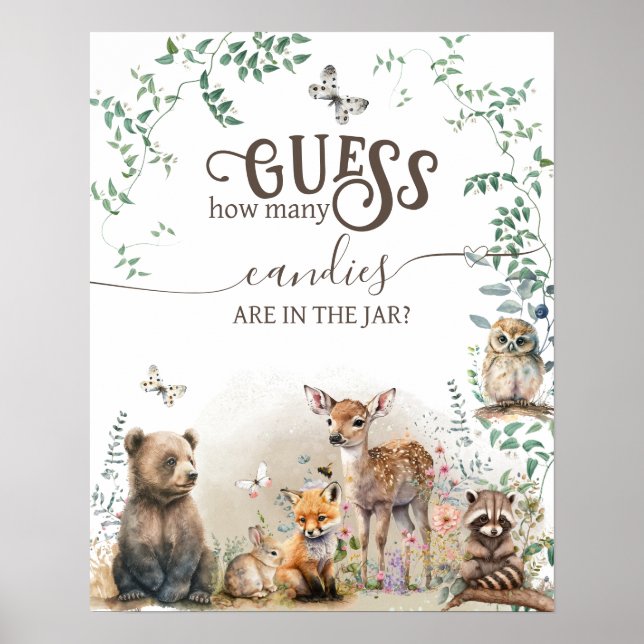 Woodland animal forest greenery Baby Shower game Poster (Front)