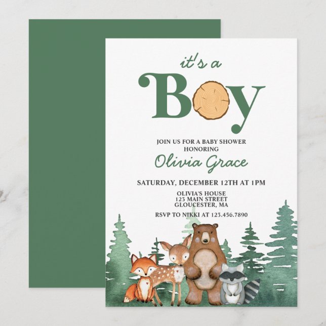 Woodland Animal Forrest Boy Baby Shower Invitation (Front/Back)