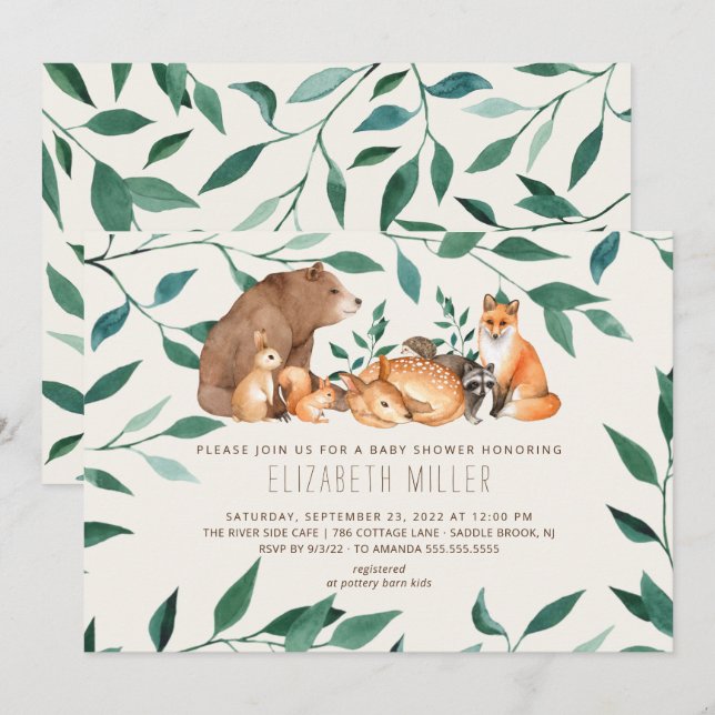Woodland Animal Friends Baby Shower Invitation (Front/Back)