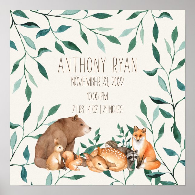 Woodland Animal Friends Birth Stats Poster (Front)