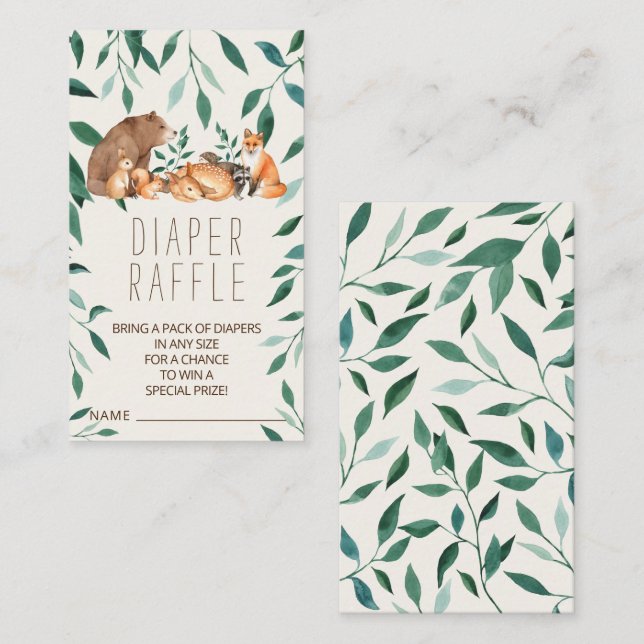 Woodland Animal Friends Diaper Raffle Enclosure Ca Card (Front/Back)