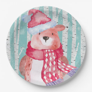 Woodland Animal Friends in Winter Forest- Bear Paper Plate