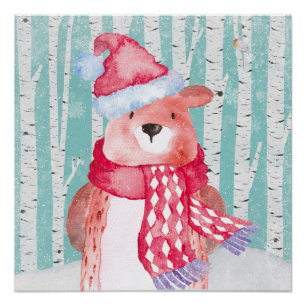 Woodland Animal Friends in Winter Forest- Bear Poster