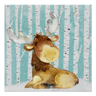 Woodland Animal Friends in Winter Forest- Deer Poster