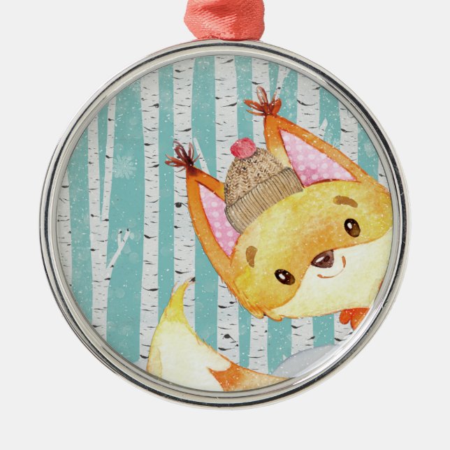 Woodland Animal Friends in Winter Forest-Fox Metal Tree Decoration (Front)