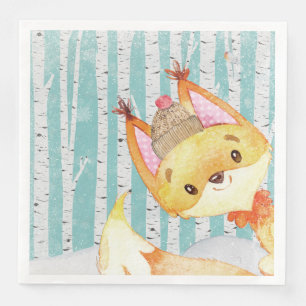 Woodland Animal Friends in Winter Forest-Fox Napkin