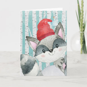 Woodland Animal Friends in Winter Forest- Racoon Holiday Card