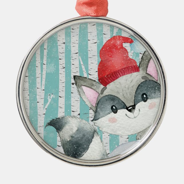 Woodland Animal Friends in Winter Forest- Racoon Metal Tree Decoration (Front)