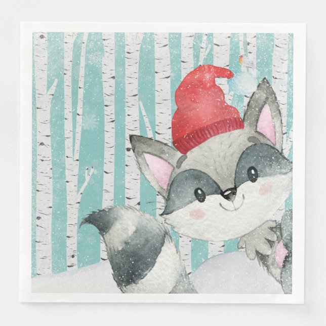 Woodland Animal Friends in Winter Forest- Racoon Napkin (Front)