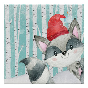 Woodland Animal Friends in Winter Forest- Racoon Poster