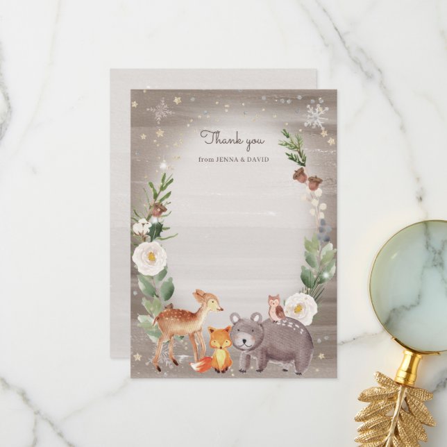 Woodland Animal Friends Sparkle Baby Shower  Thank You Card (Front/Back In Situ)