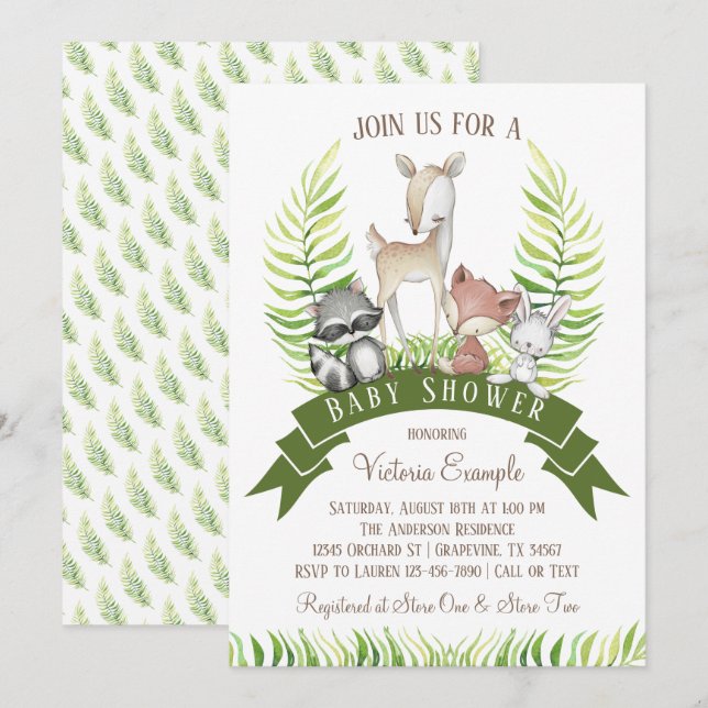 Woodland Animal Greenery Boy Baby Shower Invitation (Front/Back)