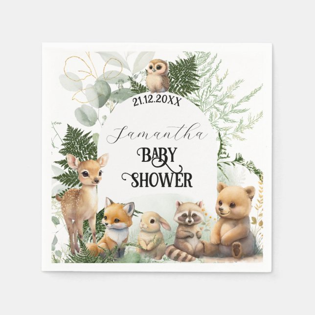 Woodland animal Greenery forest Baby Shower Napkin (Front)