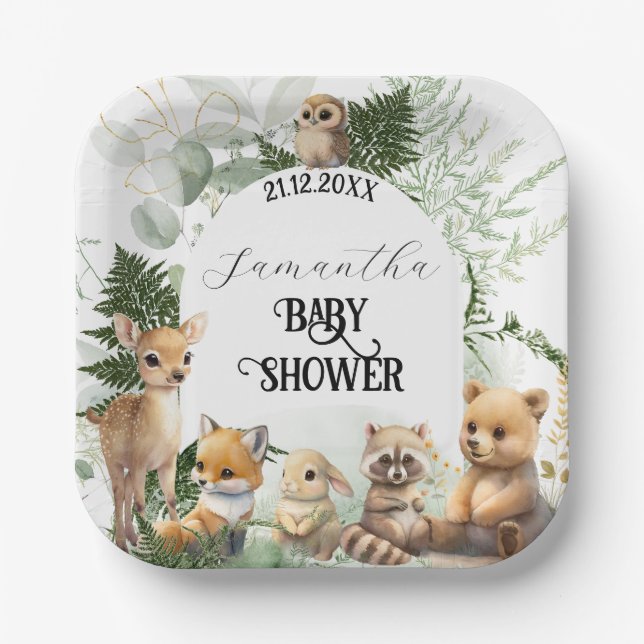 Woodland animal Greenery forest Baby Shower Paper Plate (Front)