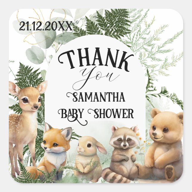 Woodland animal Greenery forest Baby Shower Square Sticker (Front)