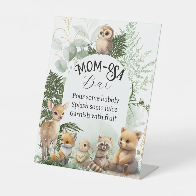 Woodland animal Greenery Momosa bar Baby Shower Pedestal Sign (Front)