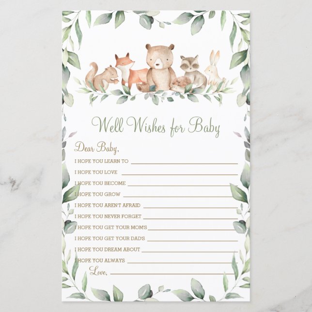 Woodland Animal Greenery Well Wishes for Baby Game (Front)
