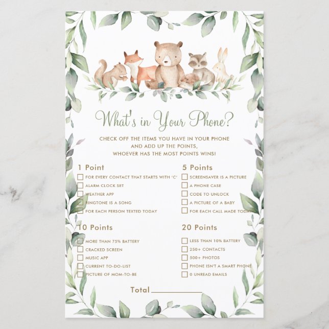 Woodland Animal Greenery What's In Your Phone Game (Front)