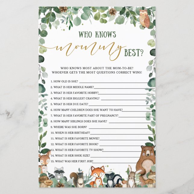 Woodland Animal Greenery Who Knows Mummy Best Game (Front)