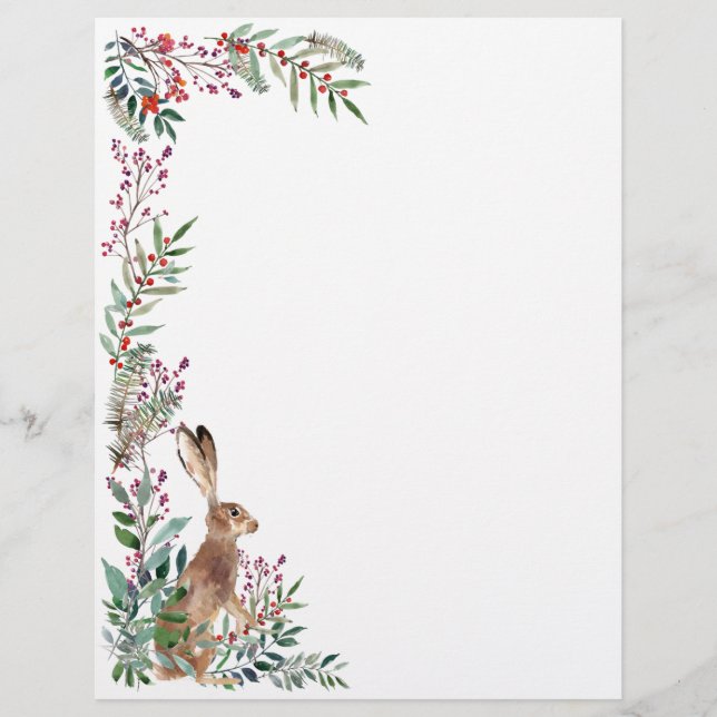 Woodland animal, hare, foliage, Christmas berries Custom Letterhead (Front)