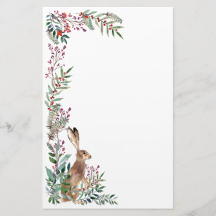 Woodland animal, hare, foliage, red berry stationery