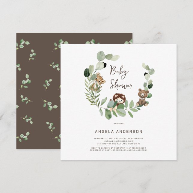 Woodland Animal Kingdom Baby Shower II Square Invitation (Front/Back)